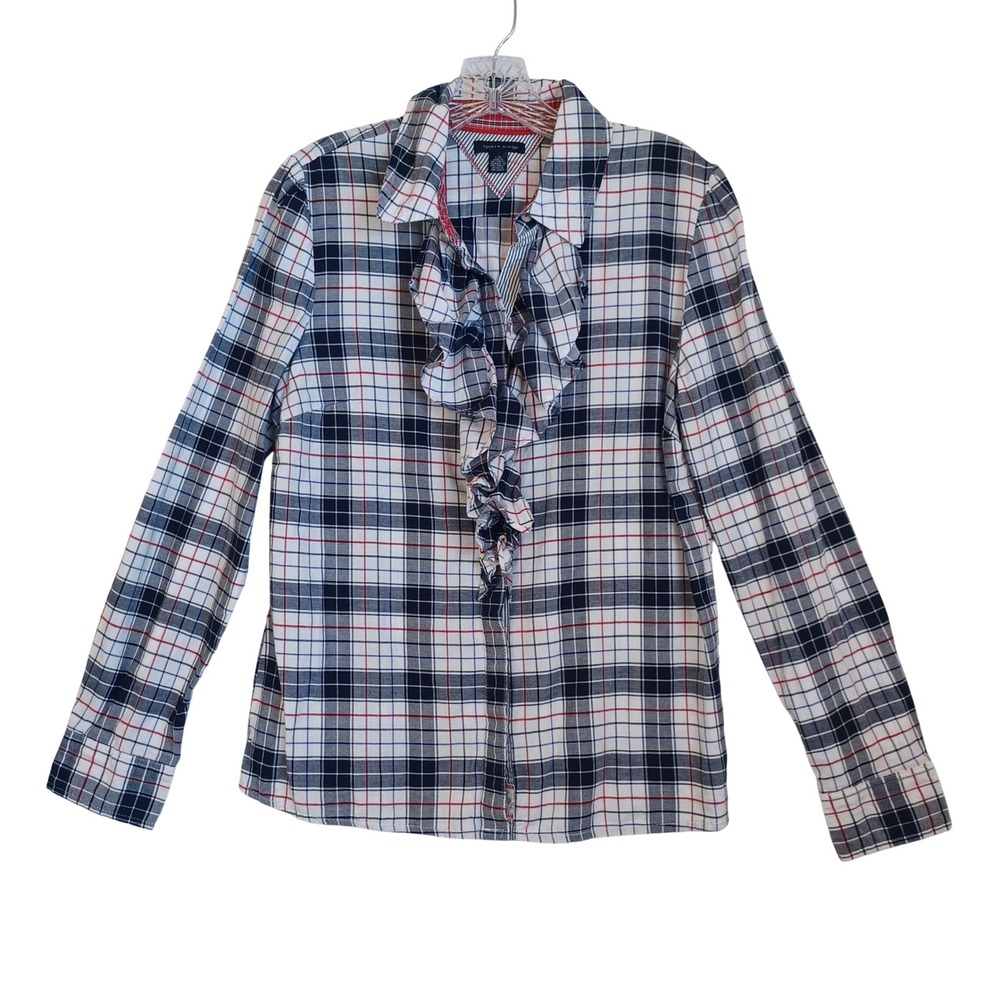 Tommy Hilfiger Womens Plaid Ruffle Front Button Down Shirt Navy Red White L